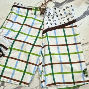 Billabong Board Shorts, White Green & Brown Plaid Check, 33"